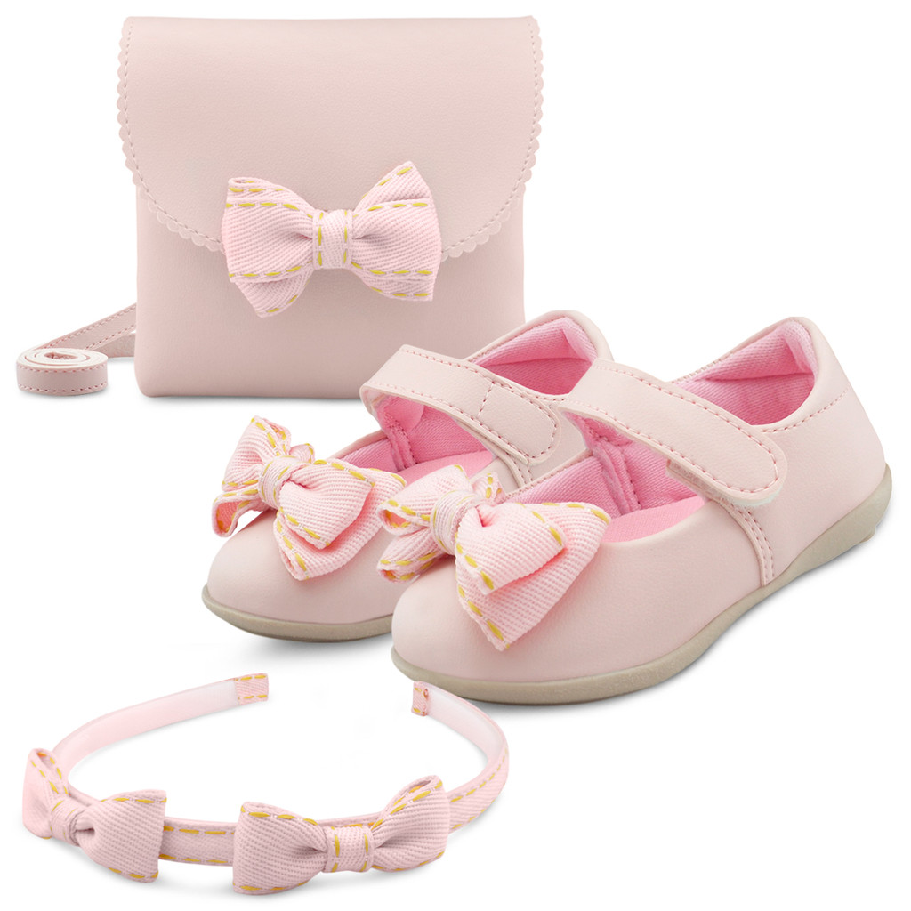 Kit Sapatilha Bebê Menina Infantil Rosa Com Bolsa E Tiara Laço Lolikids