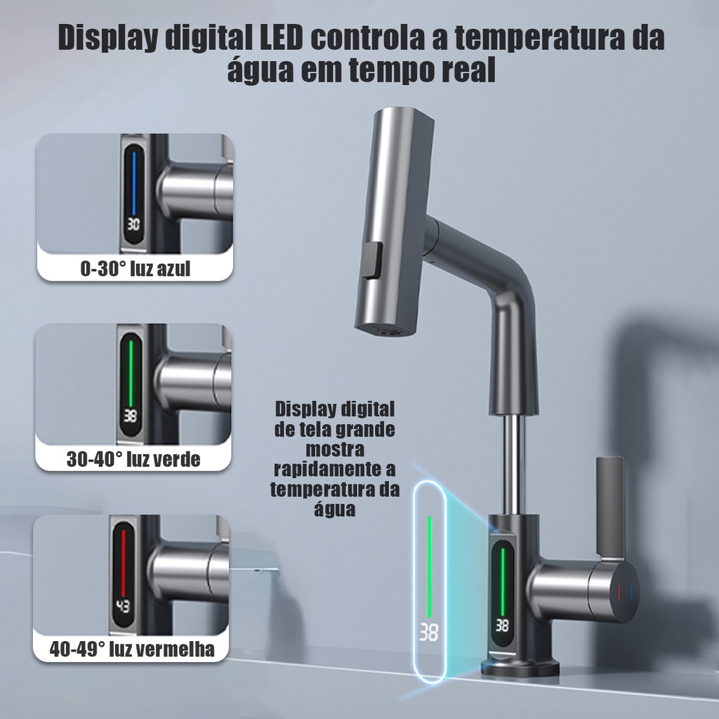Torneira gourmet cozinha visor digital LED Com visor de informações de temperatura rotação de 360°