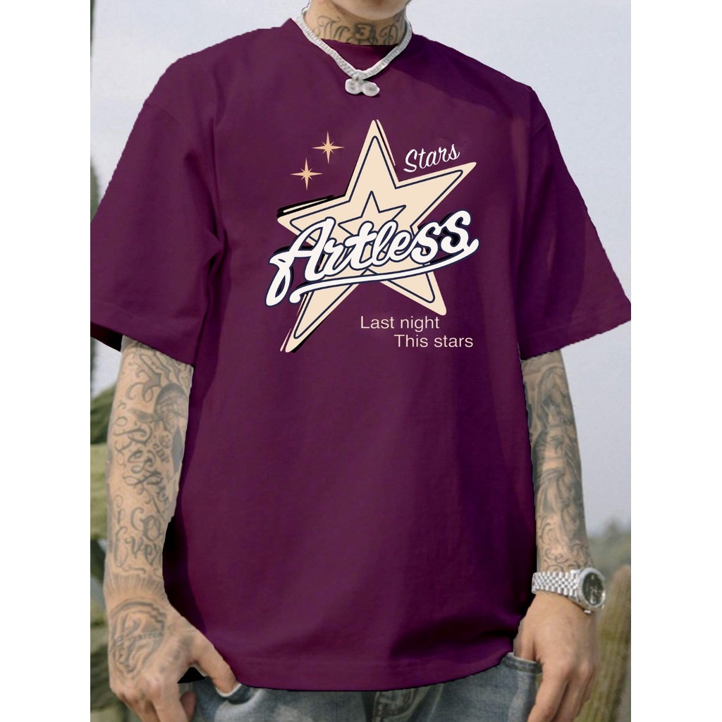 Camiseta Oversized Masculina Confortável Meia Malha Estampado Tumblr Artless Estrelas Camisa Unissex