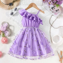NNJXD Vestidos Infantis Para Meninas Com Bordado De Flores , Vestido Casual De Verão Borda De Folha De Lótus , Suspensór