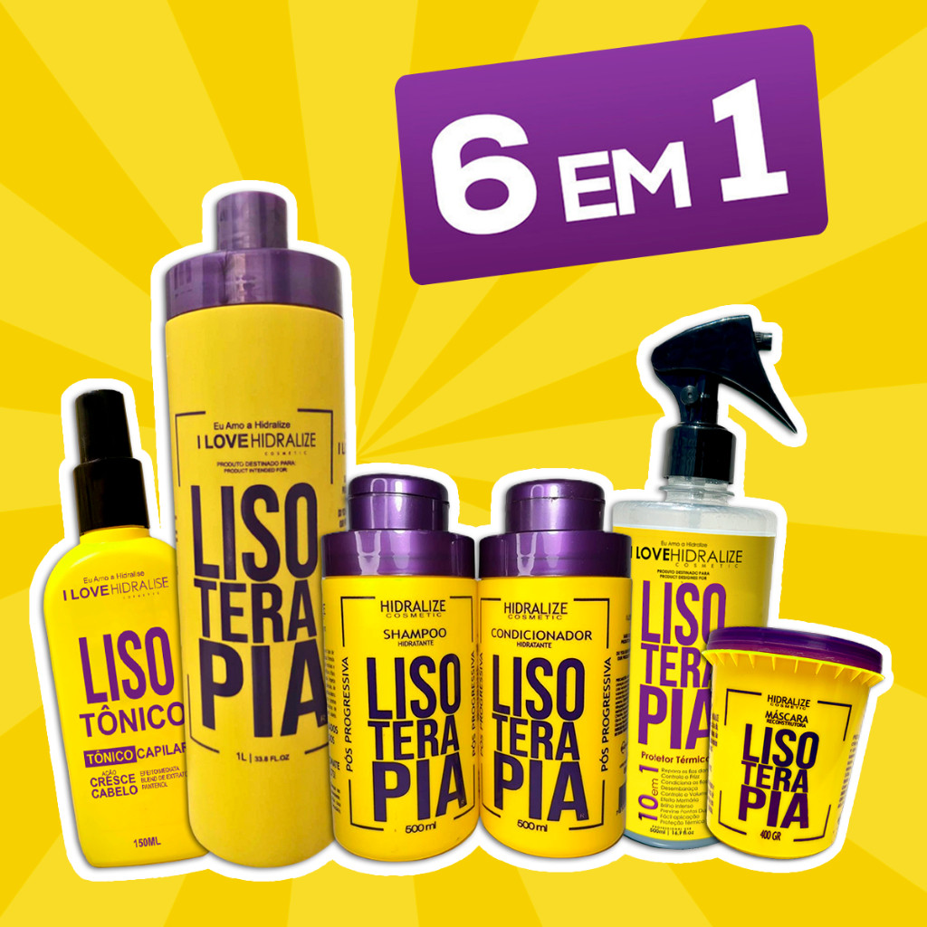 Kit 6 em 1 Lisoterapia - Progressiva Shampoo Condicionador Protetor Térmico Tônico Capilar Máscara