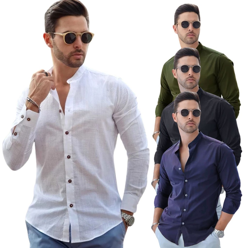 Camisa Social Masculina Linho Gola Padre Manga Longa Premium em Oferta na Shopee