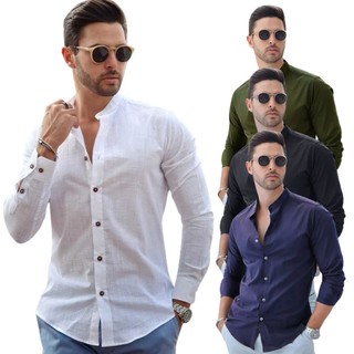 Camisa Social Masculina Linho Gola Padre Manga Longa Premium