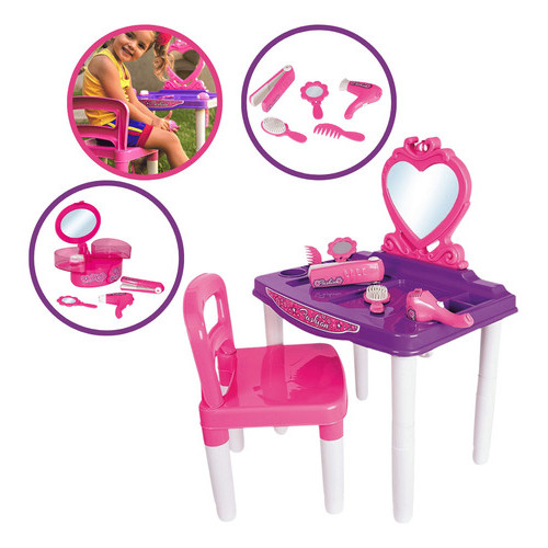 Brinquedo Penteadeira Princesas Infantil com Banquinho e Acessórios