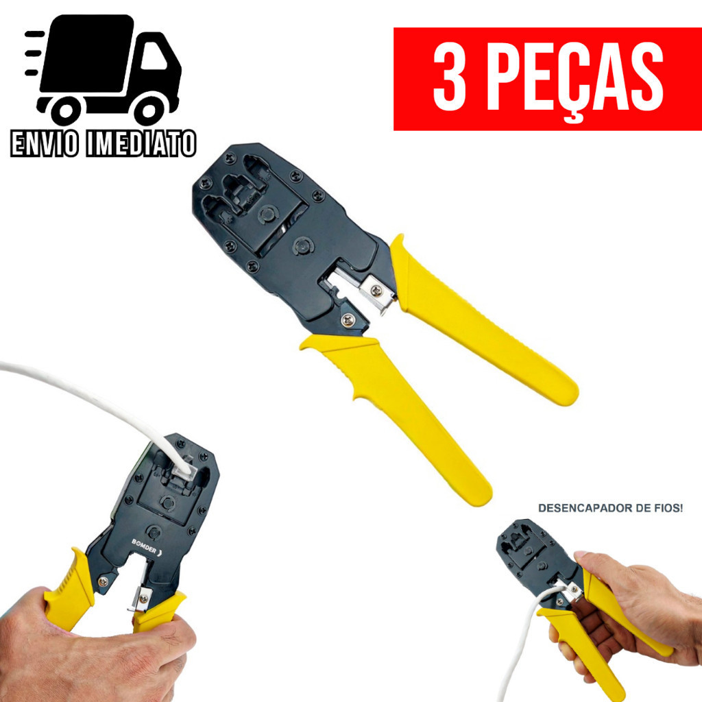 Kit 3 Alicate Crimpar Terminal RJ45 RJ11 e RJ12 Decapador Cabo de Rede Crimpador