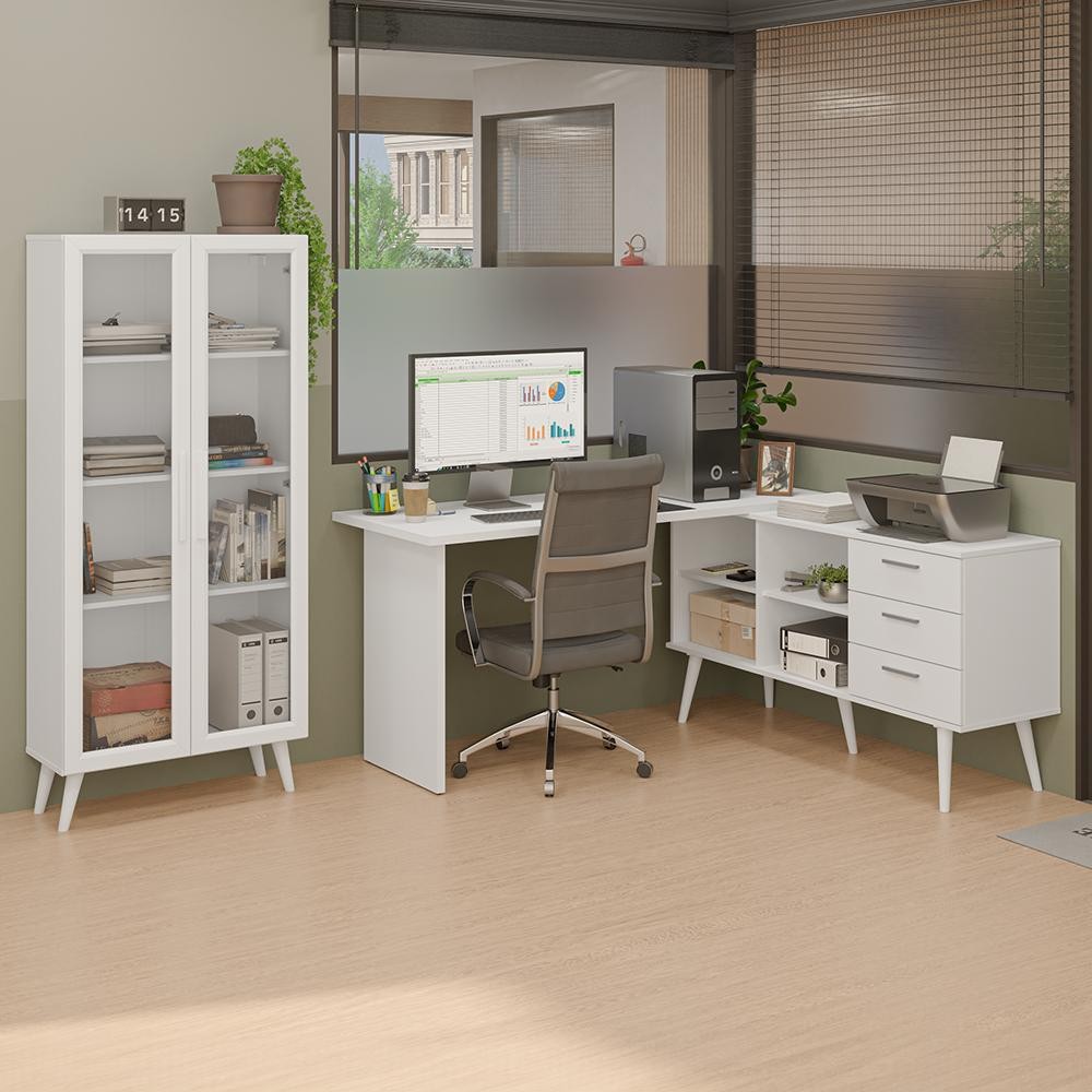 Kit 2 Peças com Escrivaninha em L 3 Gavetas e Armário Multiuso com Vidro Branco Madesa em Oferta na Shopee