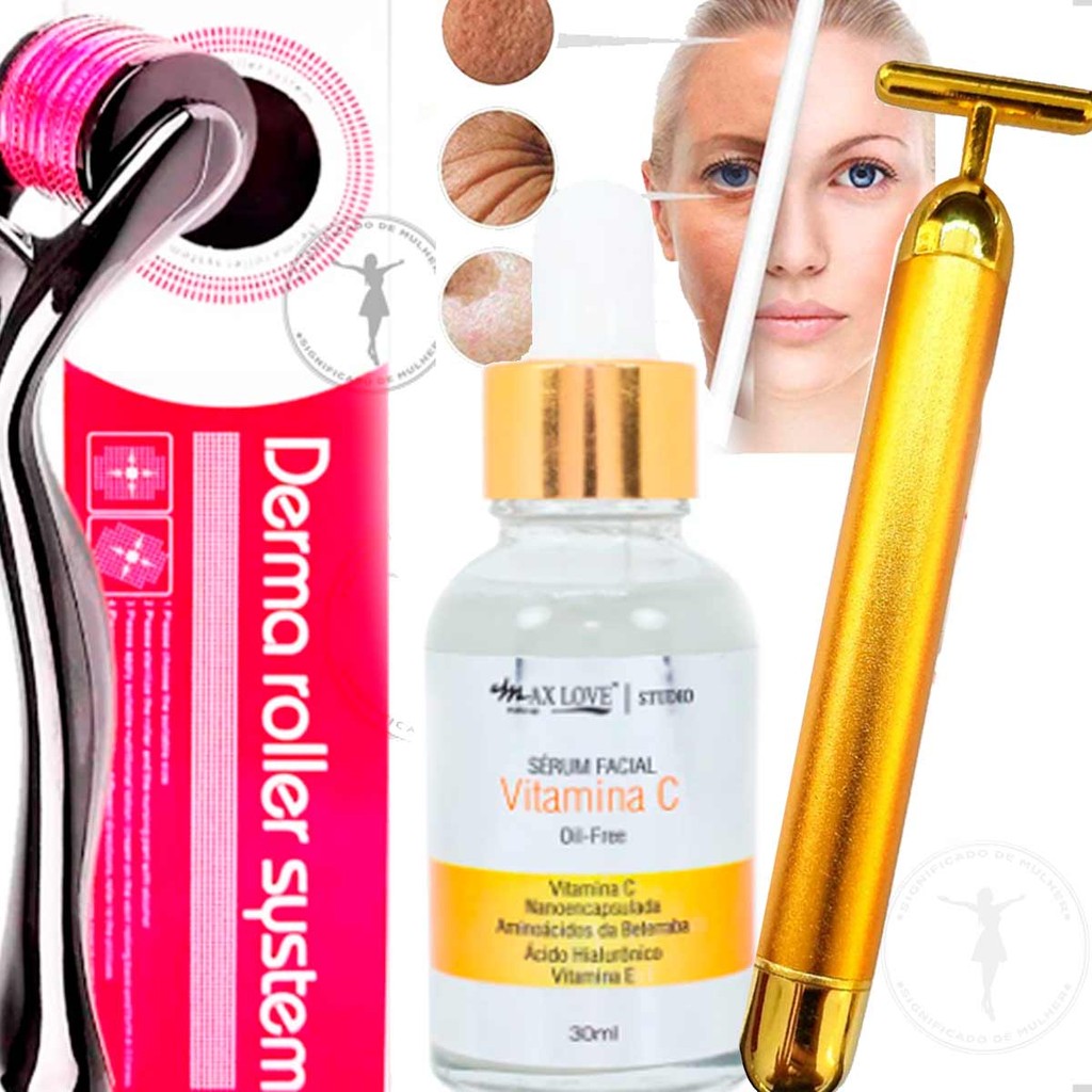 Sérum Hialuronico Vitamina C + Derma roler +Massageador Gold