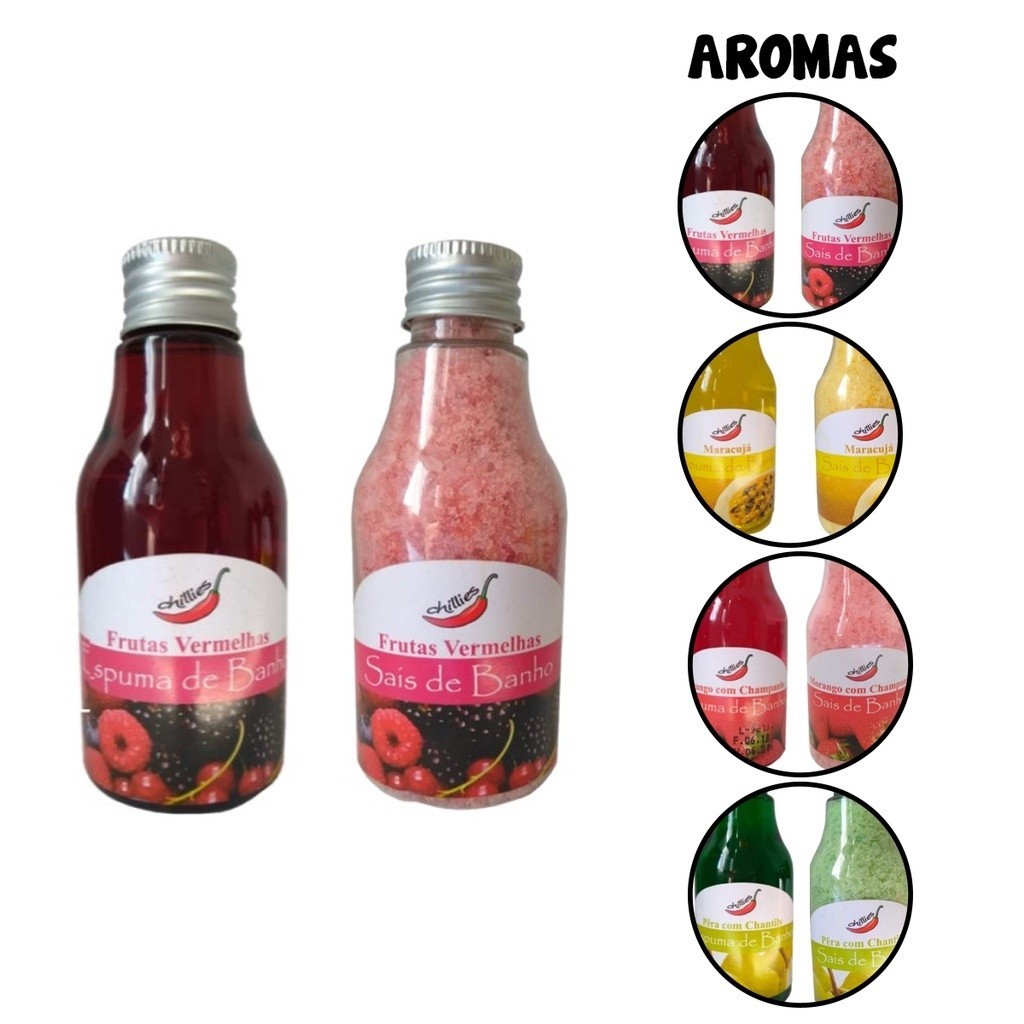 Kit Espuma Para Banheira e Sais De Banho Hidromassagem Ofurô Relaxante Chillies Esfoliante Frutas Vermelhas