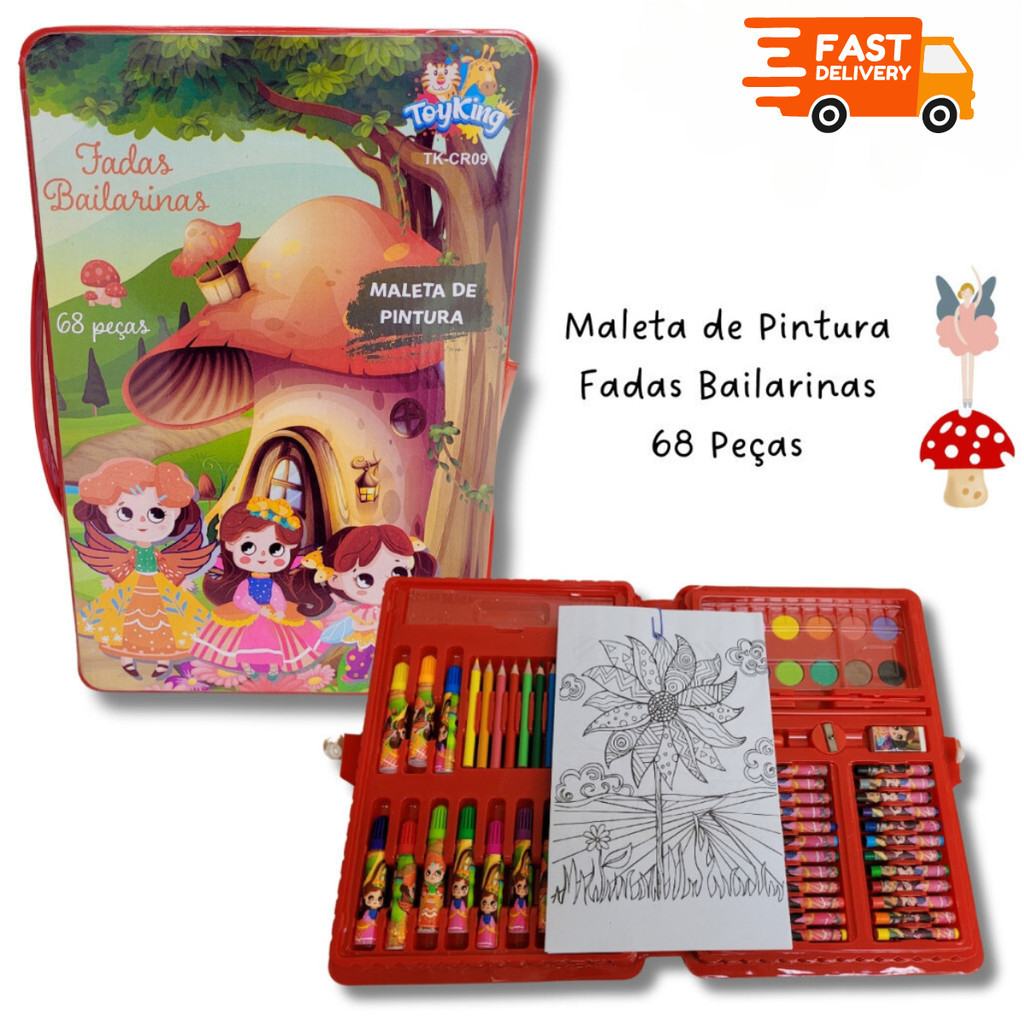 Estojo de Pintura Maleta Escolar Infantil de Fadas Bailarina 68 peças com Desenhos Incluso