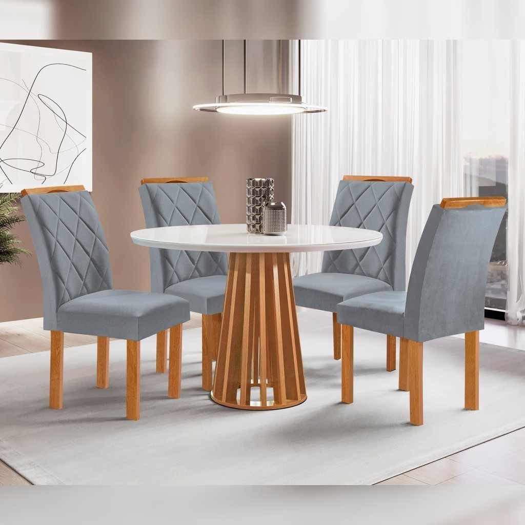 Conjunto Mesa Tampo Redondo Plus Vidro Kansas 100cm 4 Cadeiras Arthus Cinamomo/Off White/Suede Cinza em Oferta na Shopee