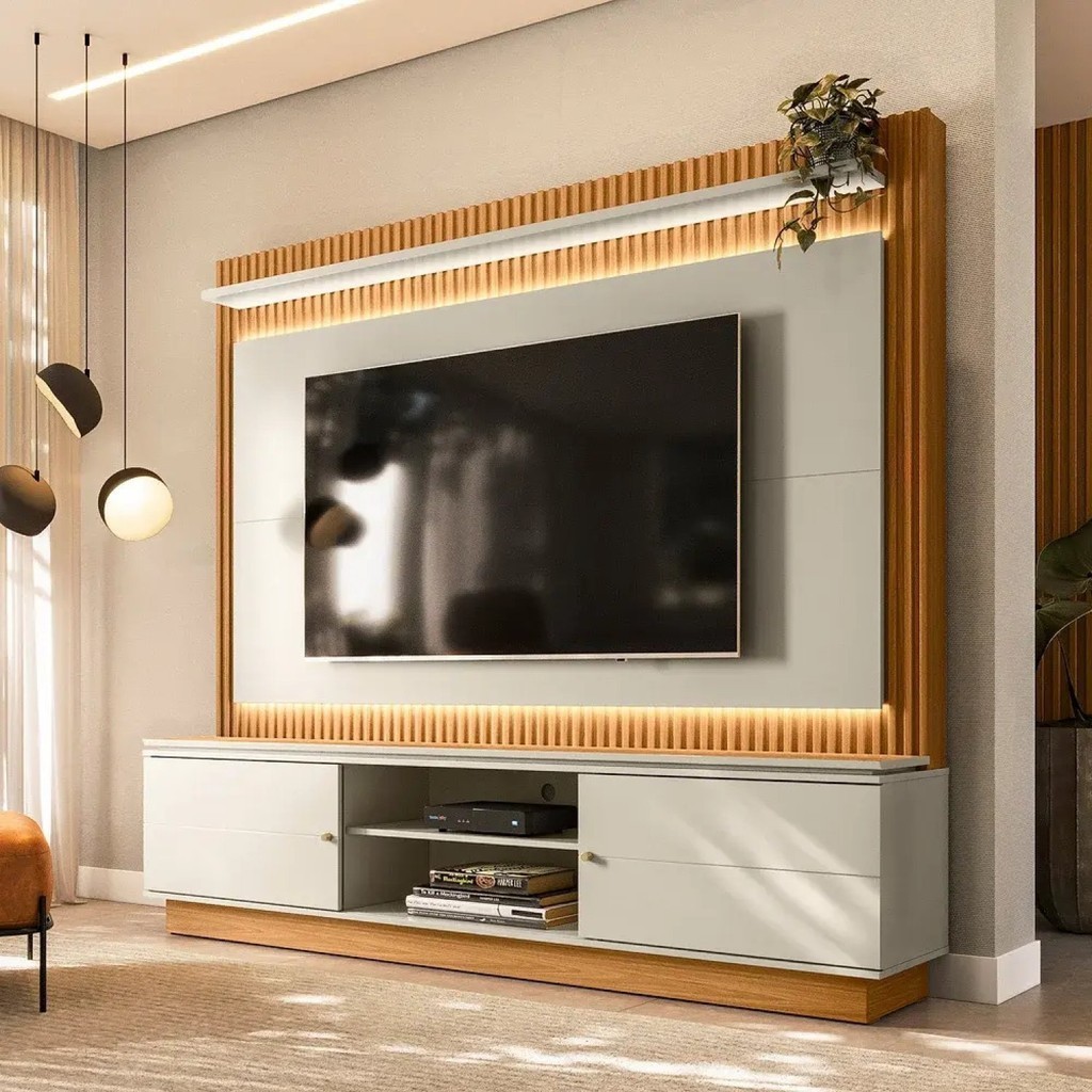 Estante Rack com Painel para TV até 75 Polegadas com Led Guararapes Linea Brasil Nature/Off White - Home & Living