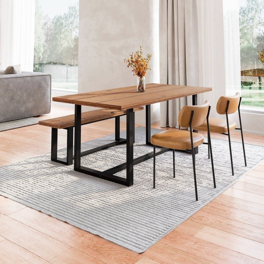 Conjunto Mesa de Jantar Rústica e Banco de Madeira Maciça com Cadeiras Mona Marrom