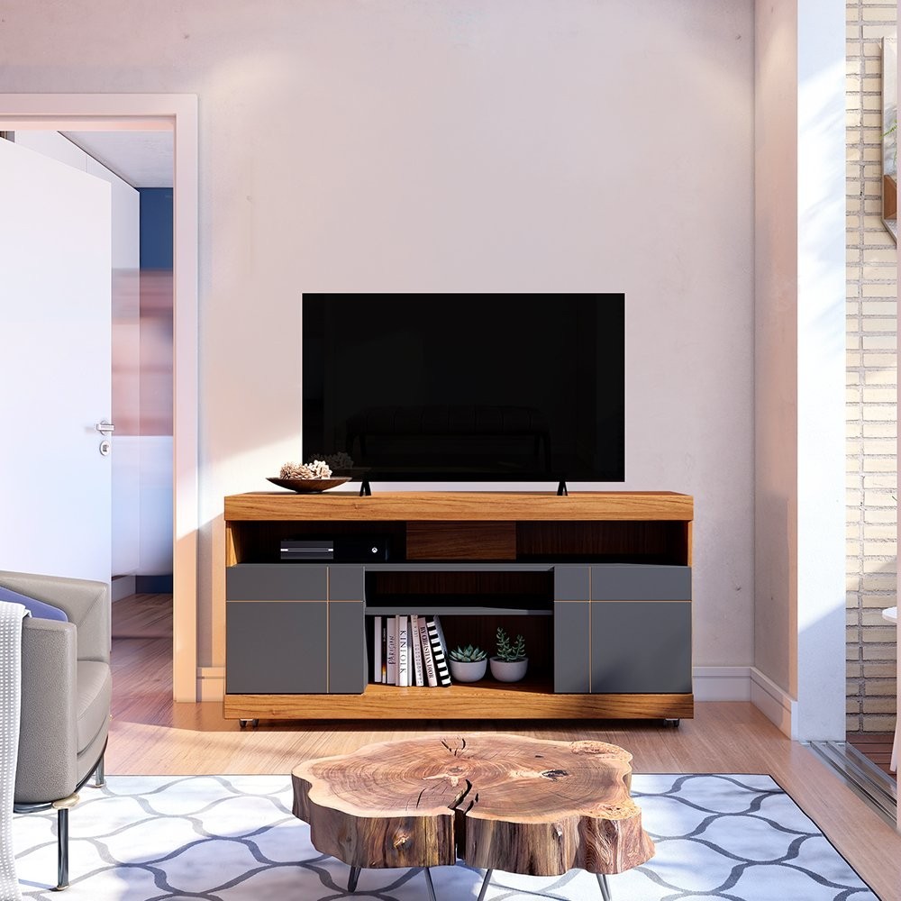 Rack para Tv até 50 Polegadas 2 Portas 4 Nichos Yara Noce Milano/Preto Fosco em Oferta na Shopee