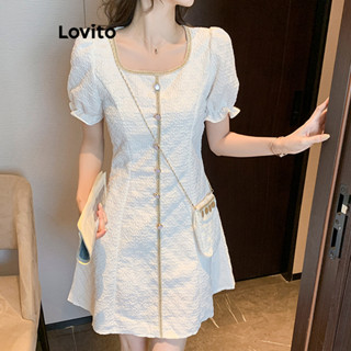 Lovito Casual Vestido com Mangas Bufantes, Botões e Contraste para Mulheres LNE19053 (Multicolorido)
