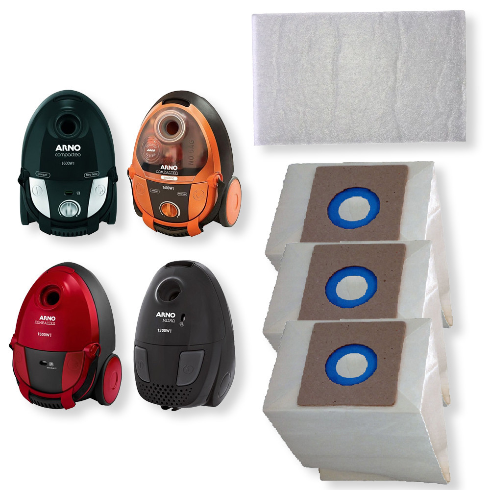3 Sacos Refil Coletor Descartável + Filtro Permanente para Aspirador de Pó Arno Compacteo Nitro Cyclonic Filtro Cartucho