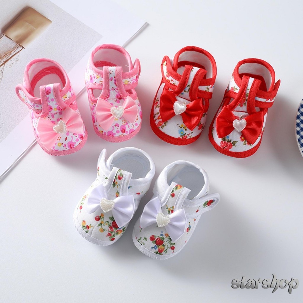 Starshop-Baby Girls Flat Shoes Soft Sole Bowknot Flower Impressão Sem Escorregamento Sapatos Para Crianças De Colo