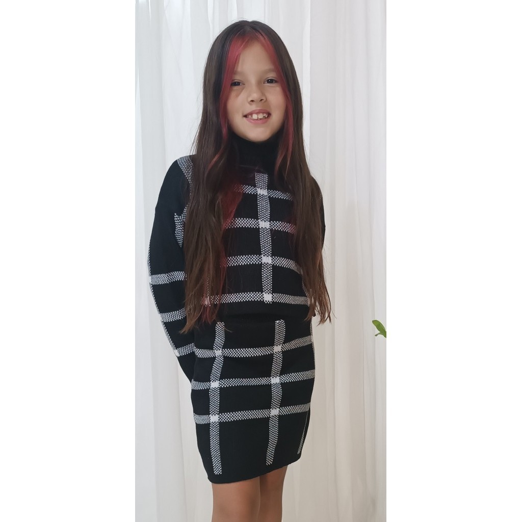 Conjunto Infantil Jacar Xadrez Croped Manga Longa Gola Rolê+ Saia com Elástico na Cintura