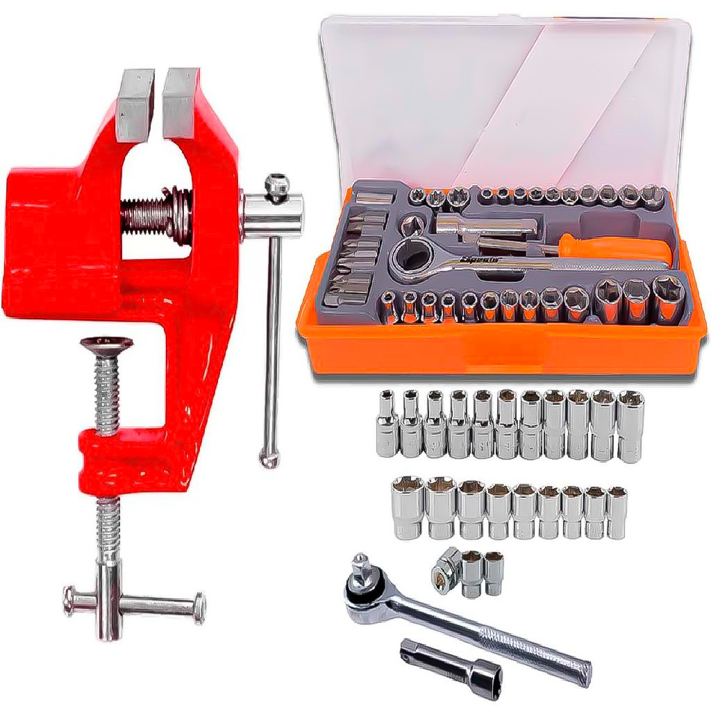 Torno De Bancada Aço Base Fixa Mini Morsa 3Pol. 75mm + Kit Soquete 40 Peças Com Chave Catraca em Oferta na Shopee