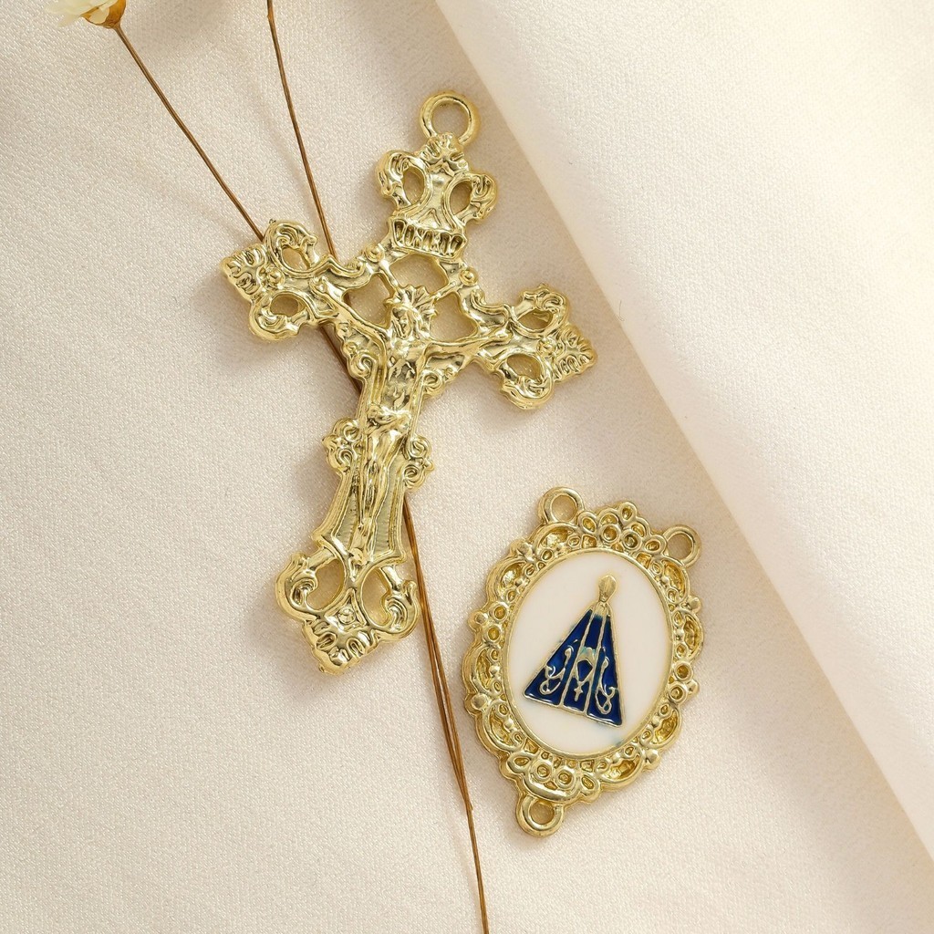 Entremeios Para Terço + Crucifixos Italiano Dourado Nossa Senhora Aparecida Alta Qualidade