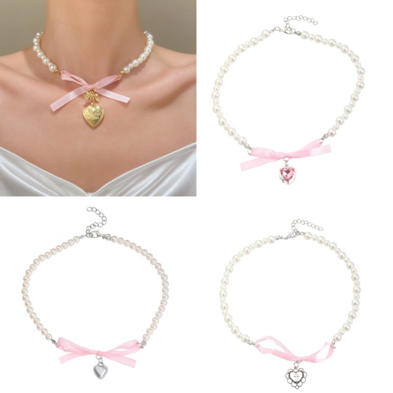 AUTU Lovely Bowknot Heart Charm Necklace Com Pérolas De Imitação Colares De Gargantilha Fashionable Choker Acessório Para Cada Roupa