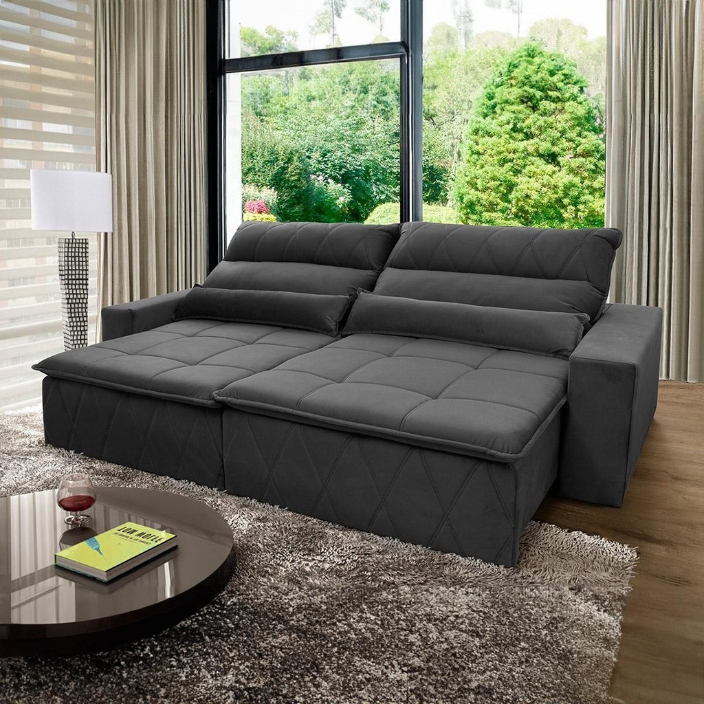 Sofá Retrátil Reclinável Amsterdam 2,10m Suede Velut Cinza  Molas no Assento - King House