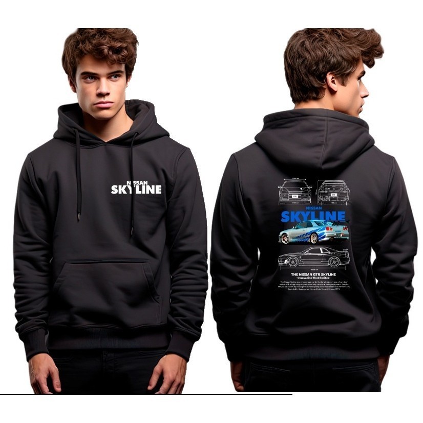 Moletom Masculino Blusa Canguru  Casaco De Frio Flanelado  Moda Casual Carro Corrida Luxo Nissan Skyline Gtr R34  de Casaco Premium Lançamento