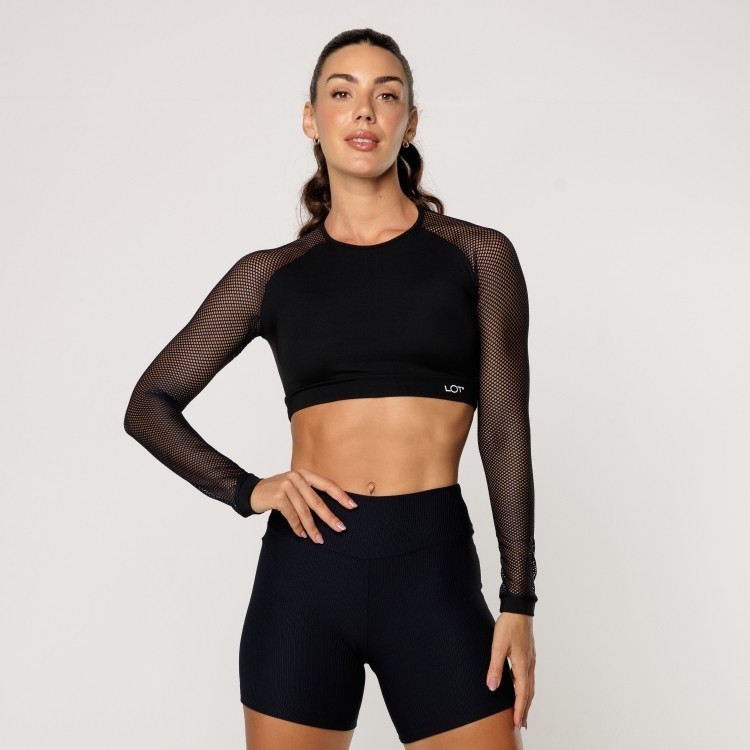 Top Academia Preto Feminino Cropped Suplex com Manga de Tela Top Manga Longa Elevate