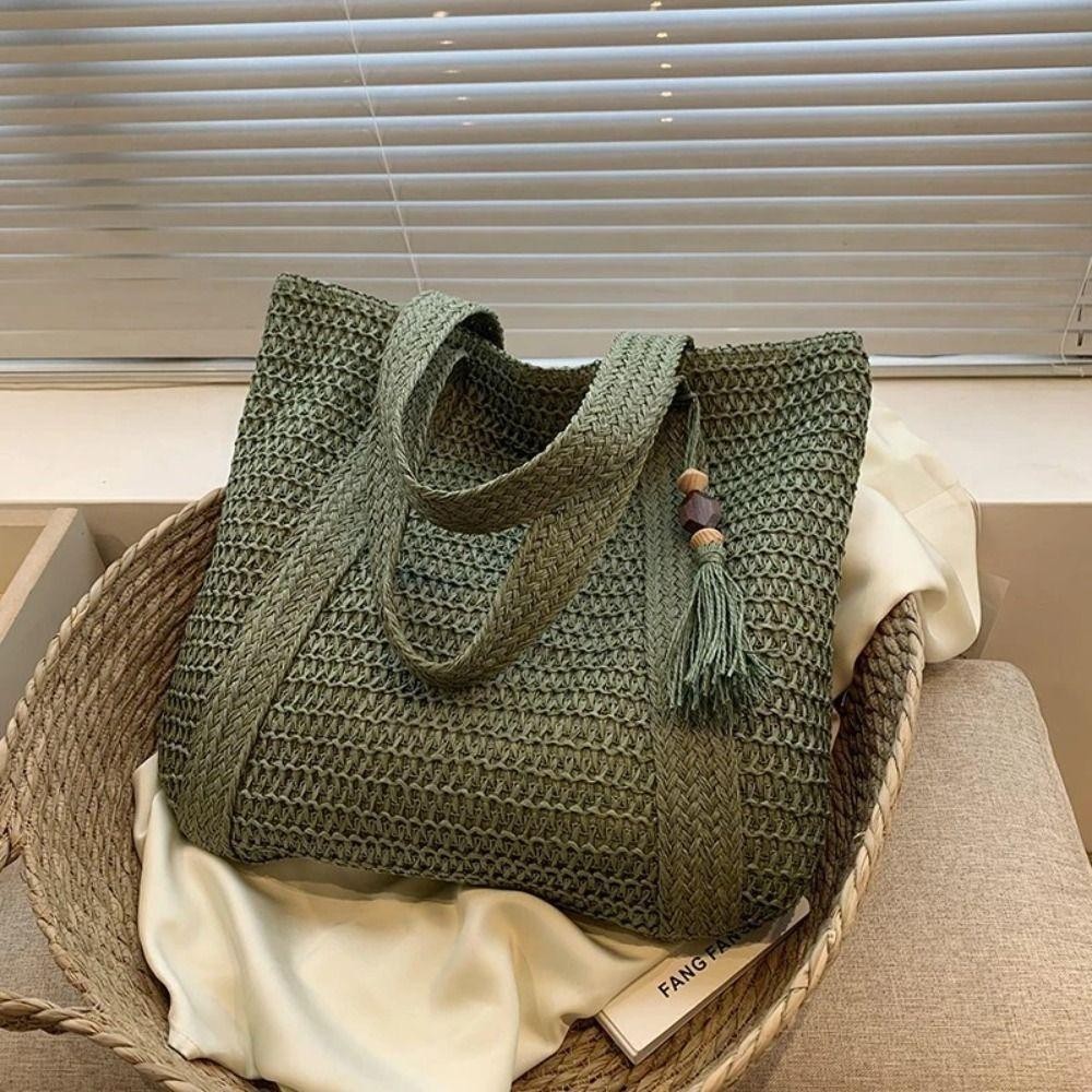 Saco De Ombro Boêmio Grande Capacidade Para Sacolas De Compras Casuais Tecido Palha De Praia De Cor Sólida