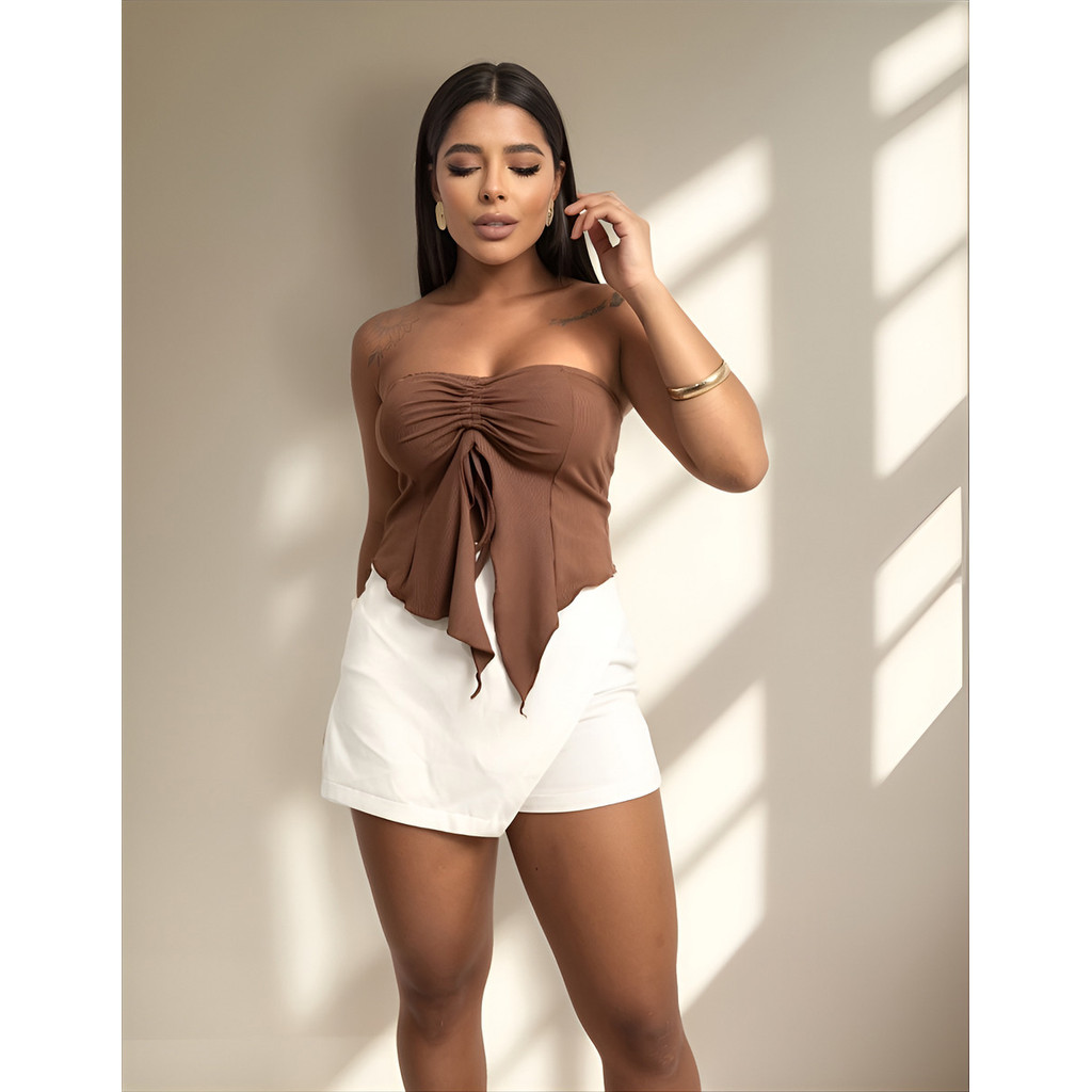 Cropped Ribana Gringa Tomara Que Caia Detalhe Tira Frufru Blusa Bico Assimétrica