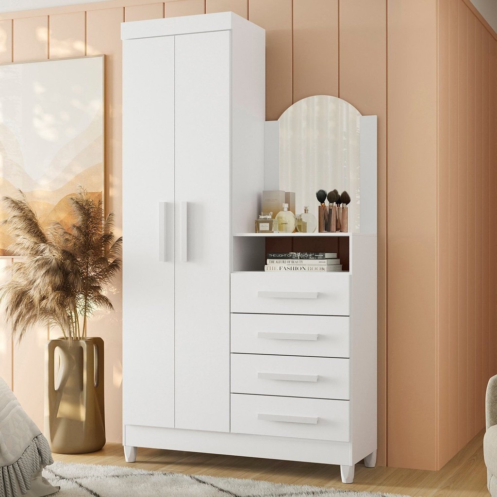 Guarda-roupa Cômoda 2 Portas e 4 Gavetas com Espelho New Capri em Oferta na Shopee