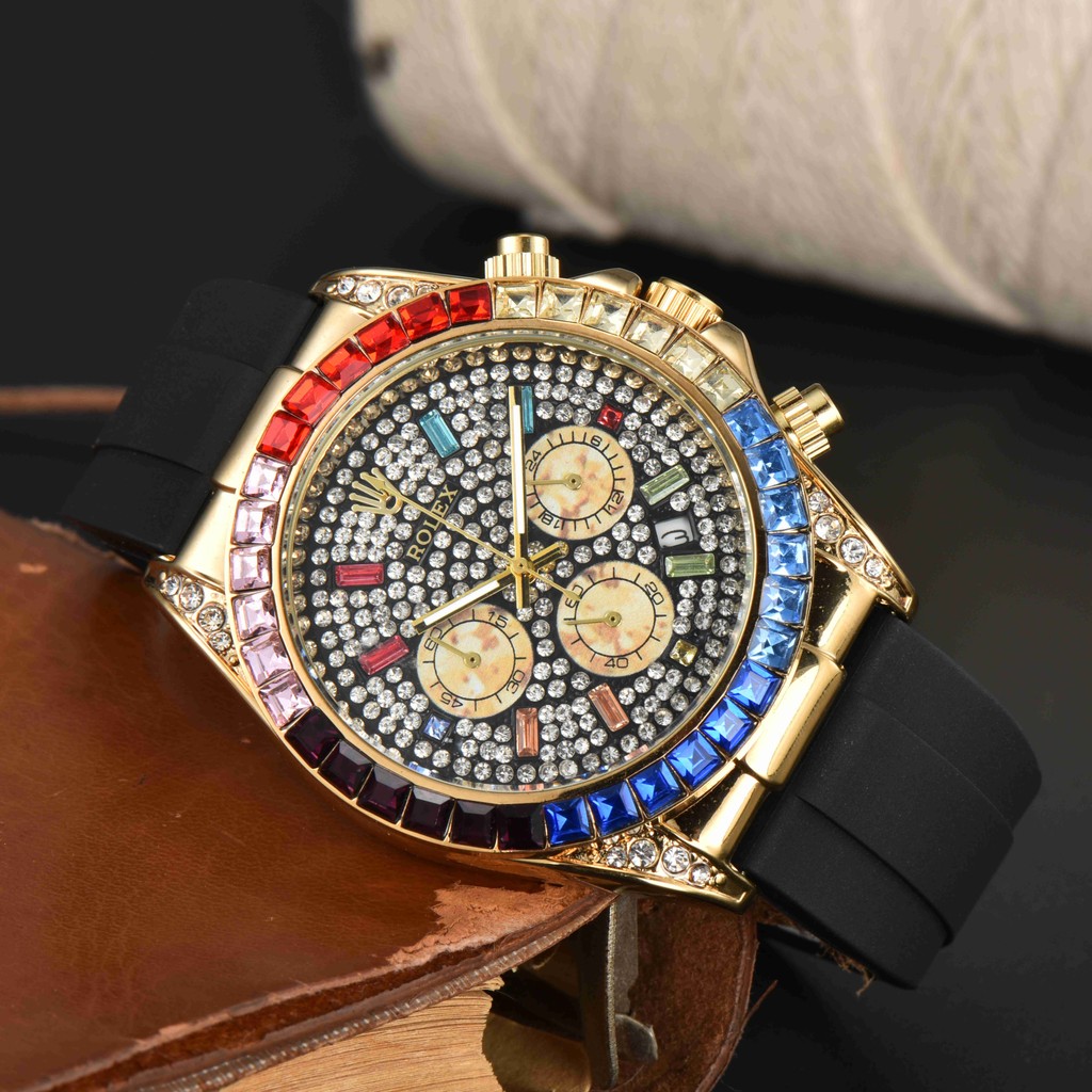 Rolex novo estilo colorido cheio de diamante relógio de pulso movimento quartzo luxo na moda relógio Casual Rui dgyh
