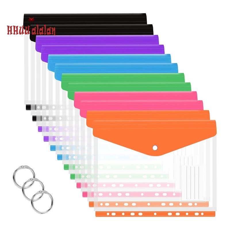 🌟12 Envelopes Expansíveis Do Bolso Da Pasta A4 Dos Pces Plásticos Claros Para A Anel , Botão De Pressão