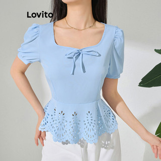 Lovito Blusa elegante lisa com renda para mulheres L113MD336 em Oferta na Shopee