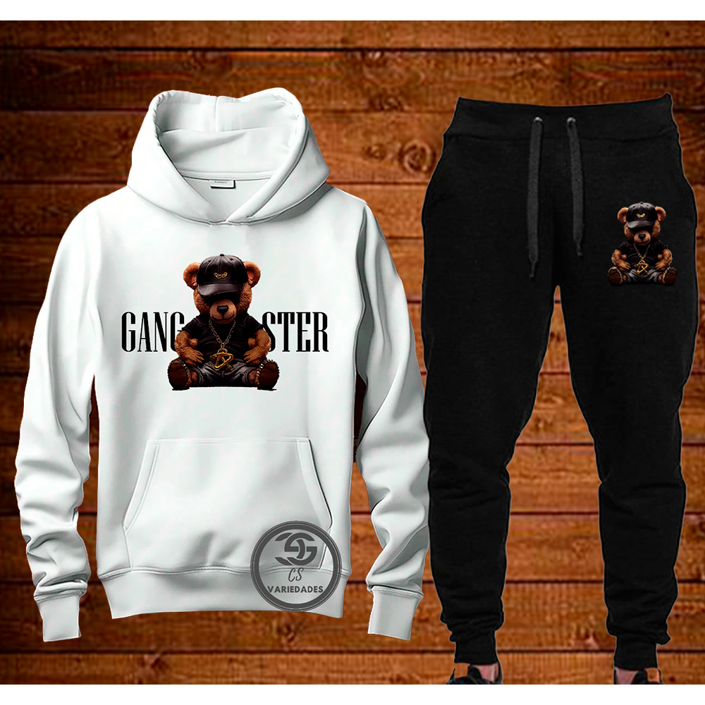 Conjunto Moletom Gangster Urso  Streetwear Blusa + calça de moletom Casaco Com Capuz Flanelado Agasalho de Frio Unissex em Oferta na Shopee
