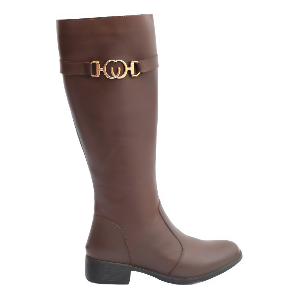 Bota Montaria Country Feminina Couro Legitimo Cano Longo Zíper Lateral Detalhada Com Metal Interior Forrada Lançamento