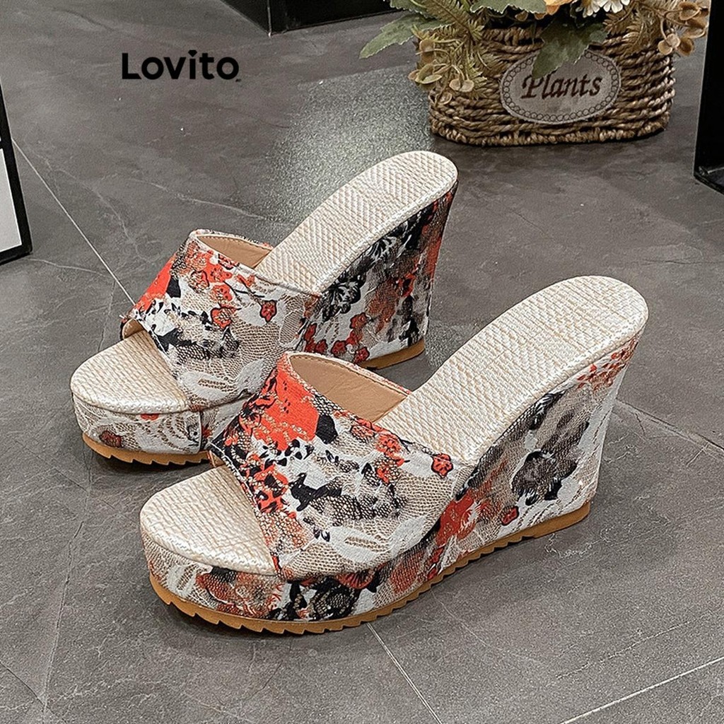 Detalhes do Lovito Sandália Feminina Estilo Exótico Tropical Flores Cunha Salto Elegante para Viagem e Férias LFA60471