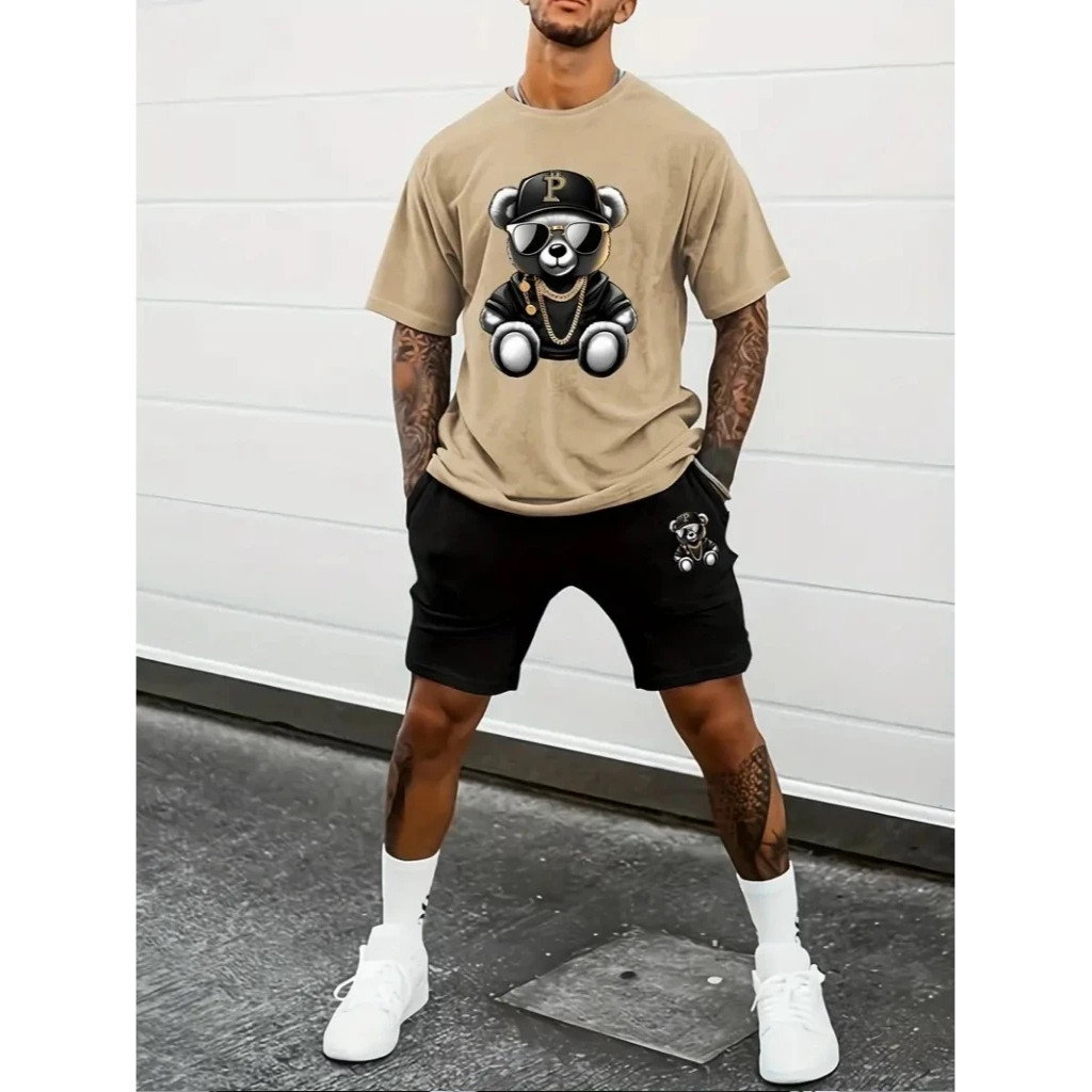 Kit Camiseta Masculina E Bermuda Moletom Conjunto Urso Boné
