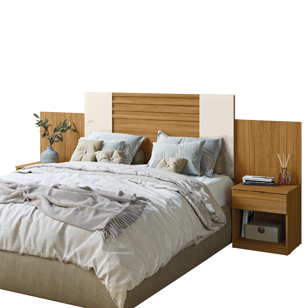 Cabeceira Para Cama Box Casal Queen 1,40m/1,60m Com Mesa De Cabeceira Freijó/Off White/Cinza Flex Araguaia Moval em Oferta na Shopee
