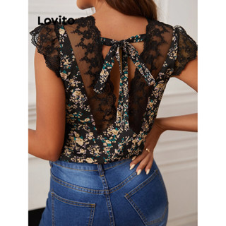 Lovito Elegante Blusa Feminina Floral com Renda e Laço Traseiro LBL09037