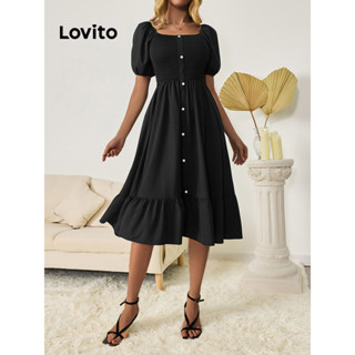 Lovito Casual Vestido Feminino Liso Bata com Bainha de Babados Botão Frontal e Cintura Elástica LBL09158