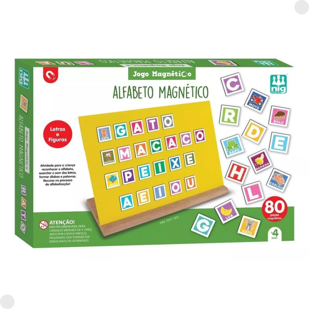 Brinquedo Alfabeto Magnético Madeira Letras Figuras 80 Peças 0467 - Nig em Oferta na Shopee