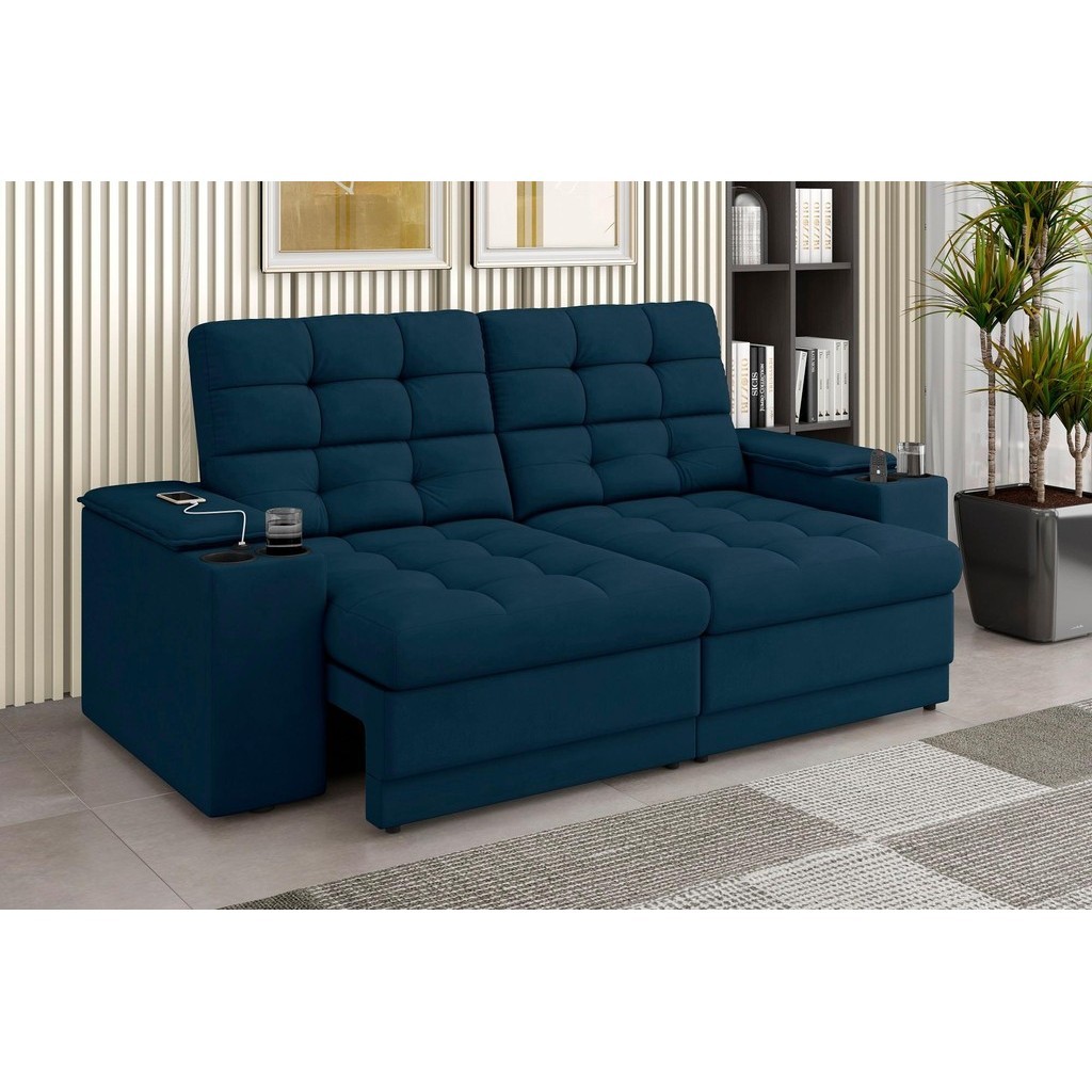 Sofá Confort Premium 2,05m Assento Retrátil/Reclinável porta copos e USB Suede Azul - XFlex Sofas