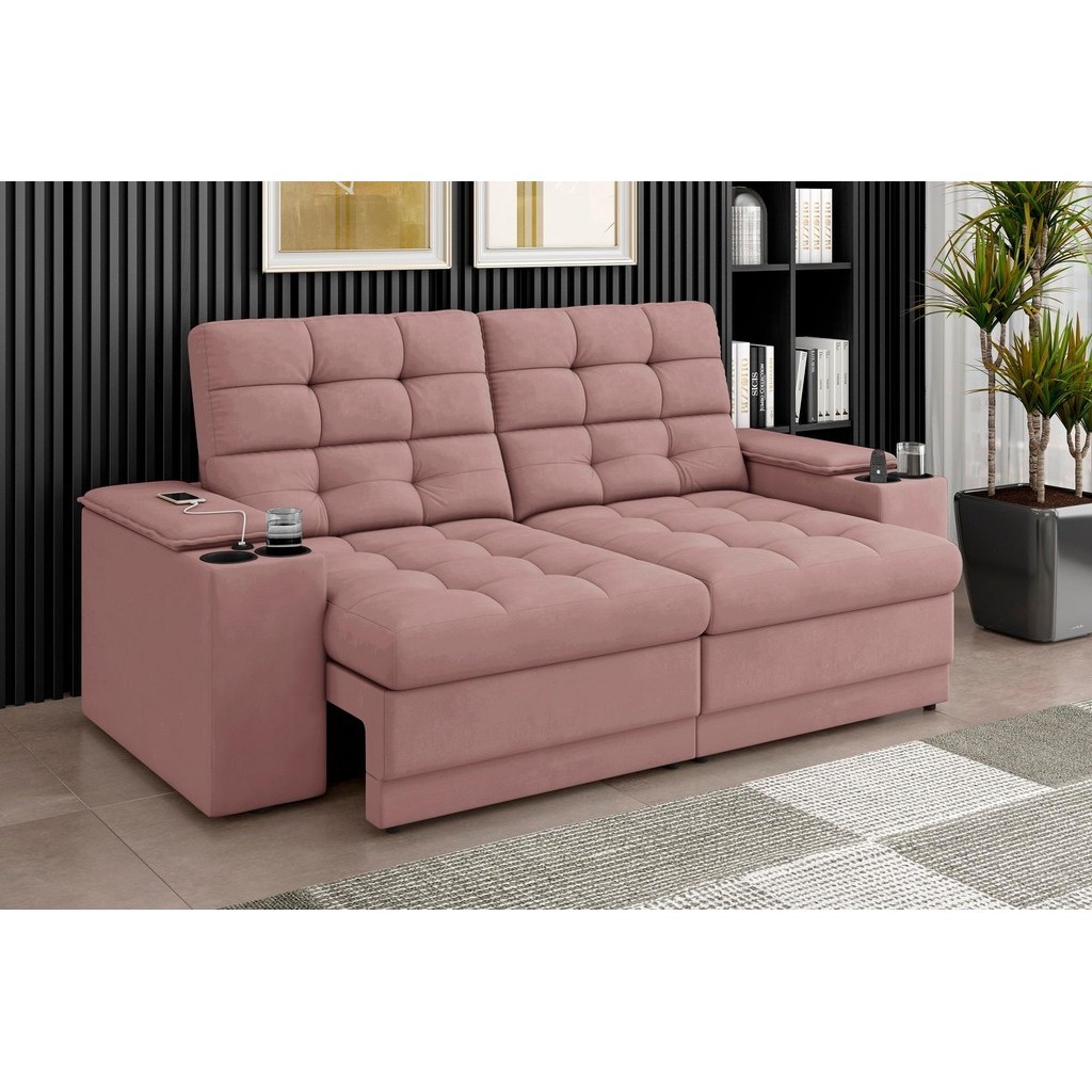 Sofá Confort Premium 2,05m Assento Retrátil/Reclinável porta copos e USB Suede Nude - XFlex Sofas