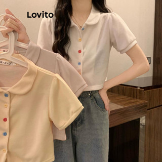 Lovito Camiseta com Botão Frontal Básica para Mulheres Casual LNA39039 (Branco/Rosa)