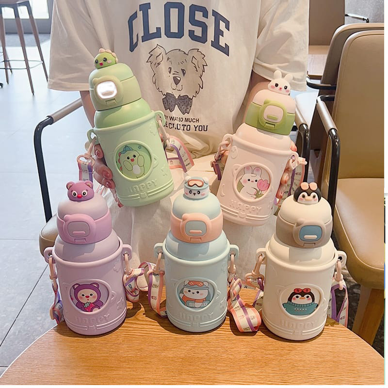 Garrafa Garrafinha Térmica Aço Inoxidável Infantil Escolar Inox Com Alça Canudo Dinossauro Ursinho