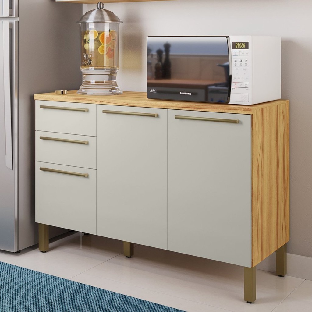 Balcão de Cozinha 120cm com 3 Portas 2 Gavetas e Tampo 100% MDF Itália Espresso Móveis Amêndoa/Off White - Home & Living