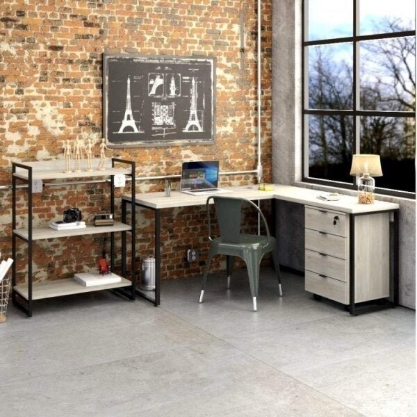 Conjunto 3 Peças com Mesa para Escritório em L, Estante e Gaveteiro Yescasa Industrial Snow Bege Snow/Preto
