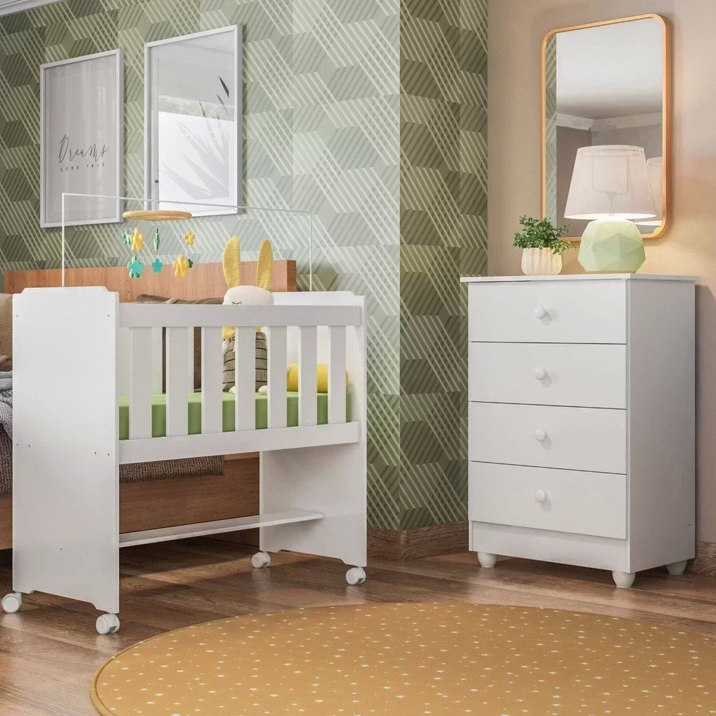 Quarto de Bebê 100% MDF Com Mini Berço e Cômoda Soft Life Branco em Oferta na Shopee