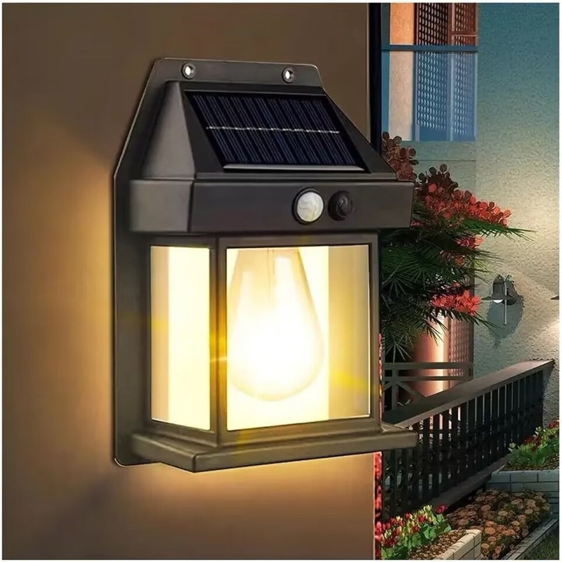 Luminária Solar de Parede Arandela Filamento Colonial Vintage Led Com Sensor De Movimento Presença Bateria Lâmpada Luz À Prova D' Água Automática