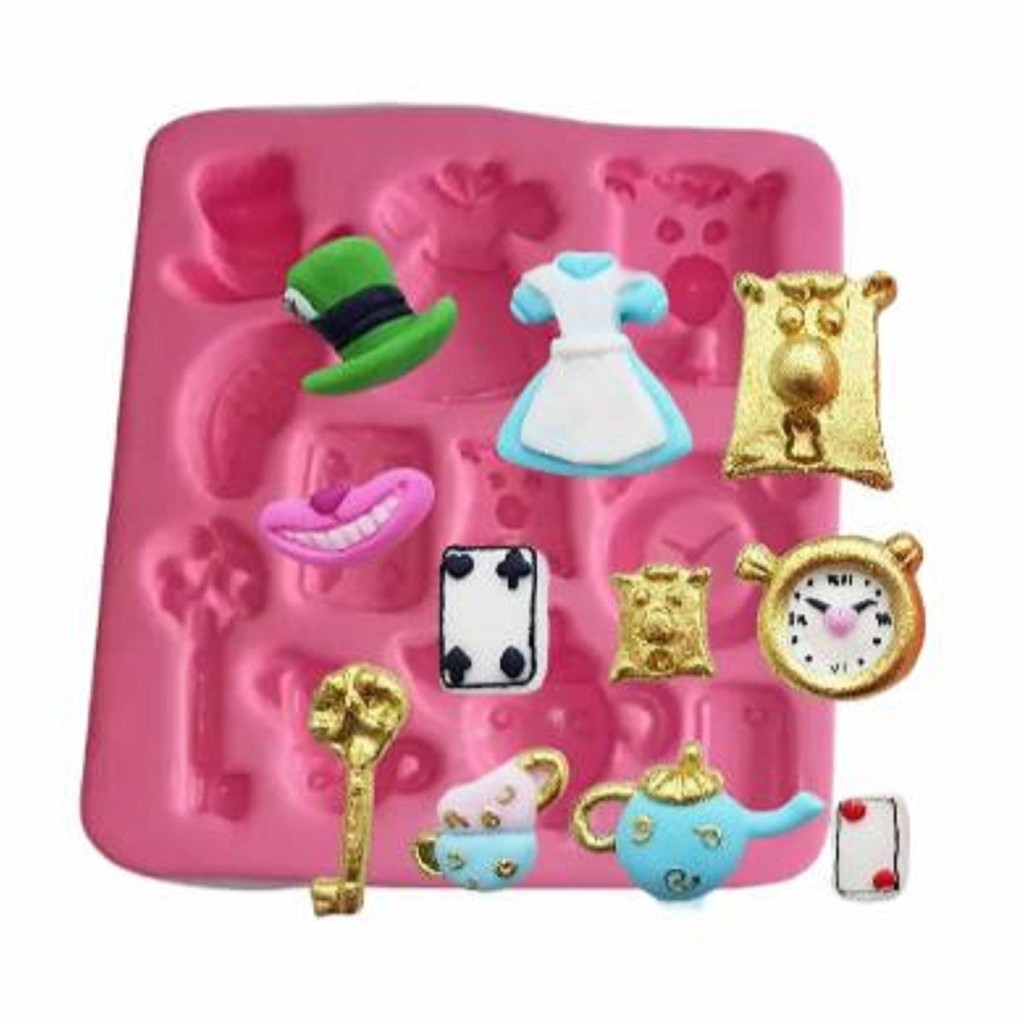 MOLDE DE SILICONE ALICE NOS PAIS DAS MARAVILHAS, RELÓGIO, GATO, VESTIDO em Oferta na Shopee